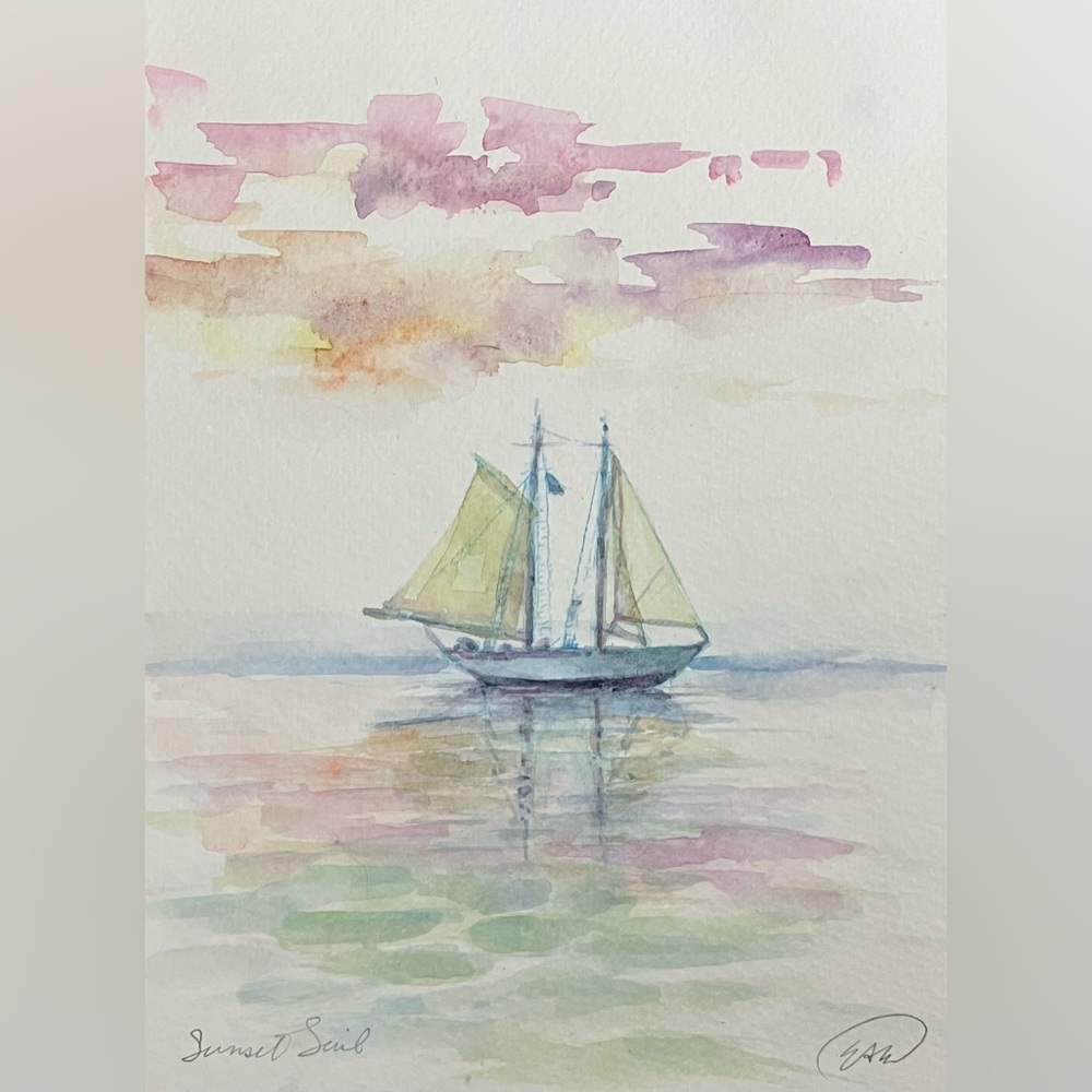 Sailboat original painting watercolor art boating sunset ocean calm Artettina